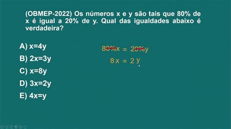 os números x e y são tais que 80% de x é igual a 20% de y